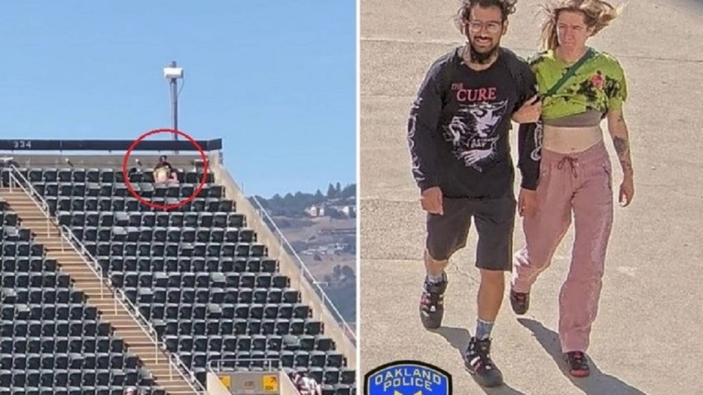 Após vídeo de sexo oral em arquibancada, polícia divulga foto de casal procurado 