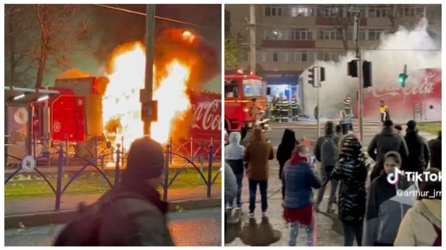 Caminhão de Natal da Coca-Cola pega fogo durante carreata; veja