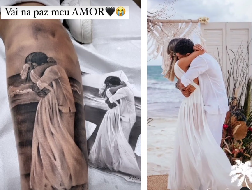 Mulher de MC Kevin tatua foto de noivado do casal: 'vá em paz, meu amor'