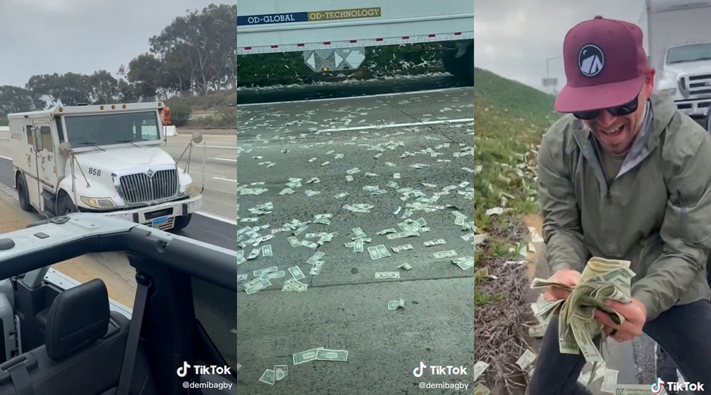 Dinheiro fica espalhado em rodovia após porta de carro forte se abrir