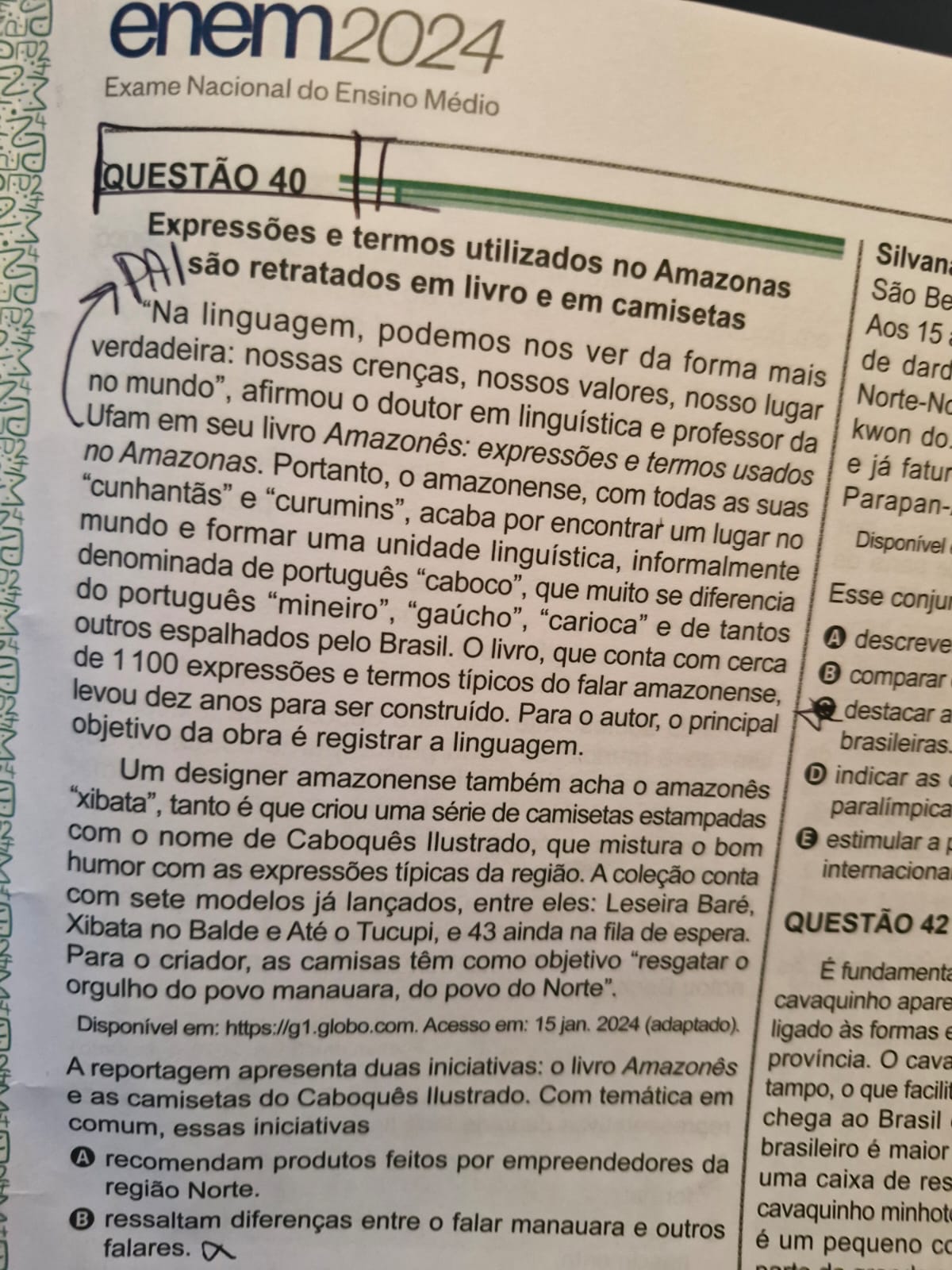 Gírias amazonenses são citadas em questão do Enem 2024