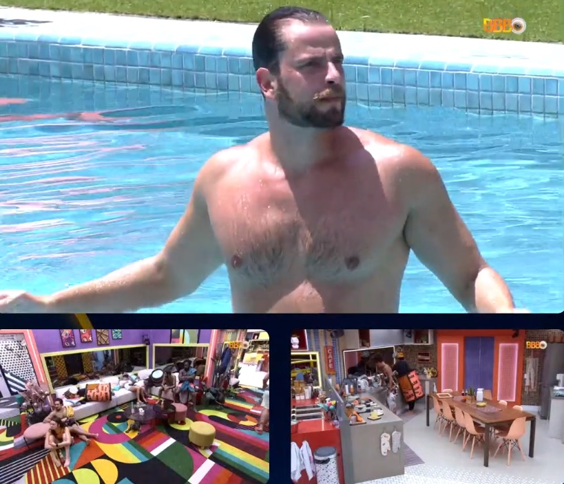 BBB22: Lari e Gustavo tomam banho de piscina e brothers assistem pelo telão