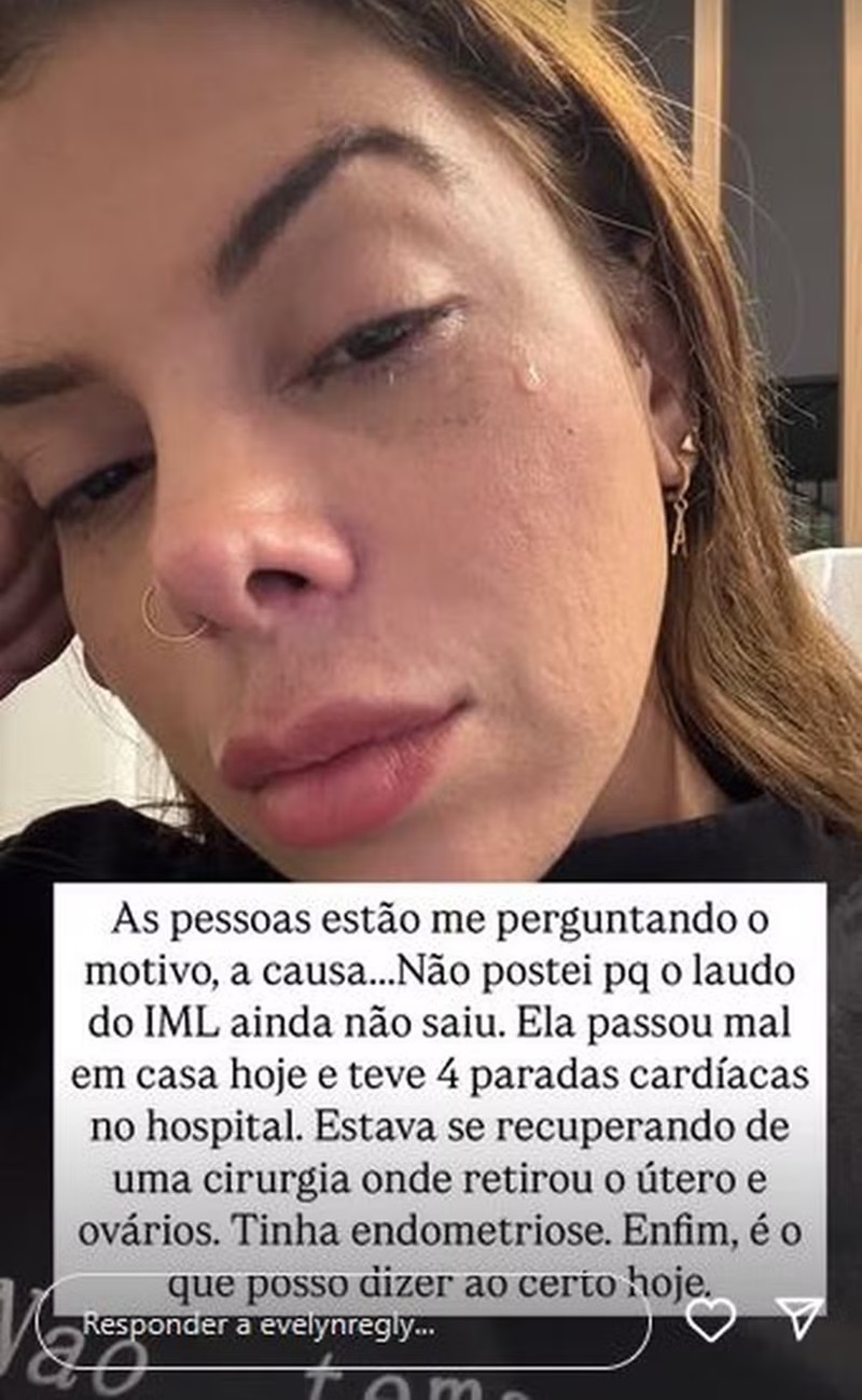Evelyn Regly lamenta morte de babá após cirurgia de endometriose