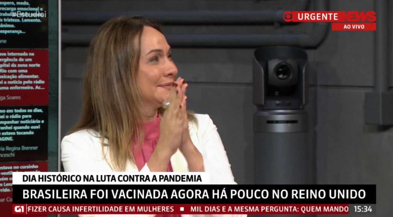 Maria Beltrão se emociona ao falar com brasileira vacinada em Londres