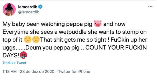 Cardi B ameaça Peppa Pig: 'conte seus dias' 