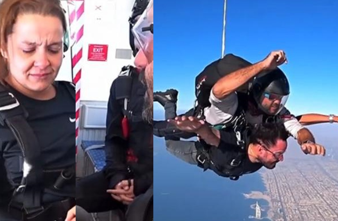 Fernando Zor pede Maiara em casamento durante salto de paraquedas