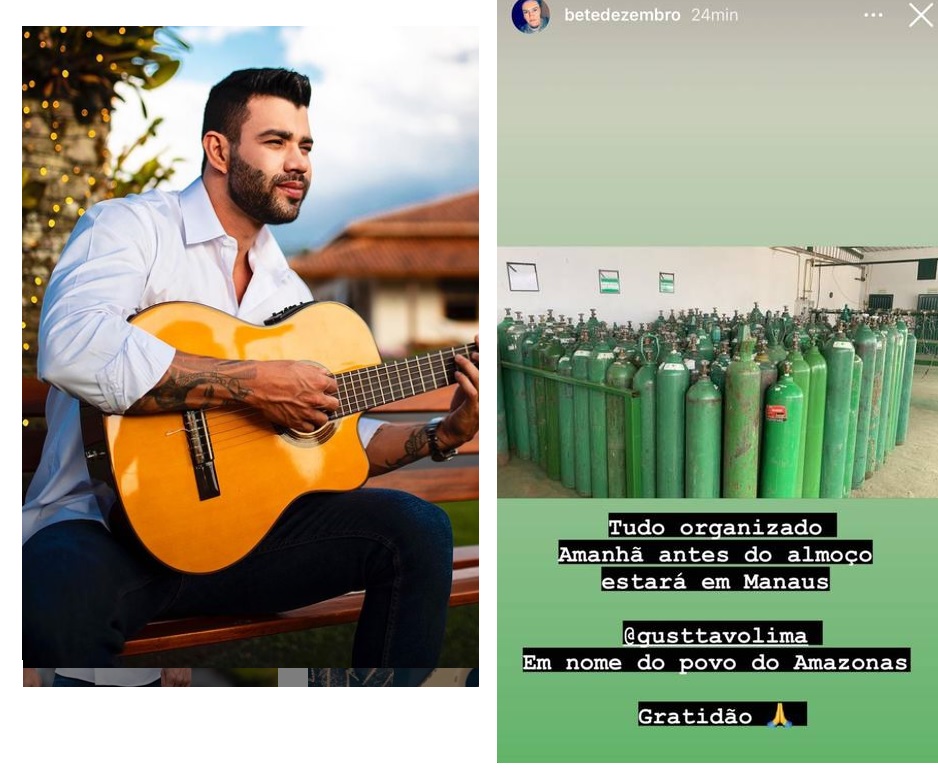 Gusttavo Lima doa 150 cilindros de oxigênio, que chegam a Manaus no sábado