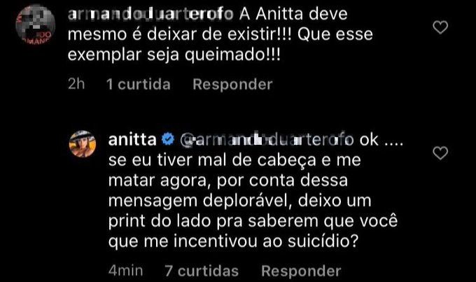 Anitta rebate comentário de internauta que desejou sua morte