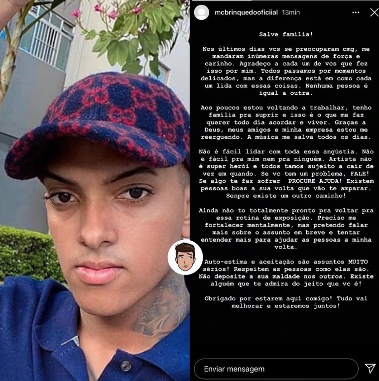 MC Brinquedo faz desabafo emocionante 2 semanas após referência ao suicídio