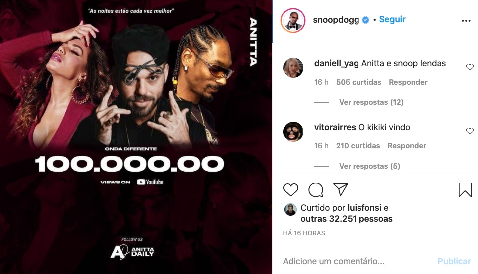 Snoop Dogg esquece de Ludmilla ao postar foto de feat 'Onda Diferente'