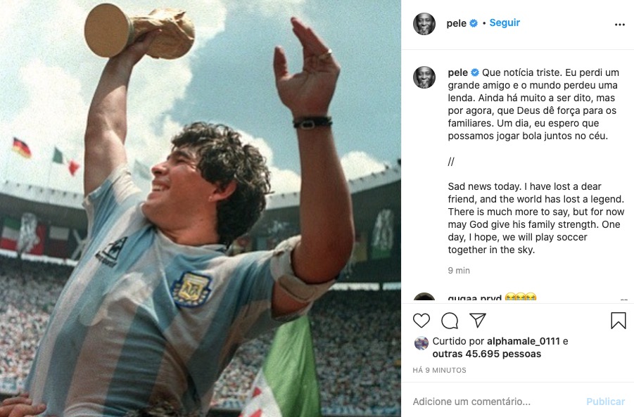 Pelé lamenta morte de Maradona: 'Um dia vamos bater bola no céu'