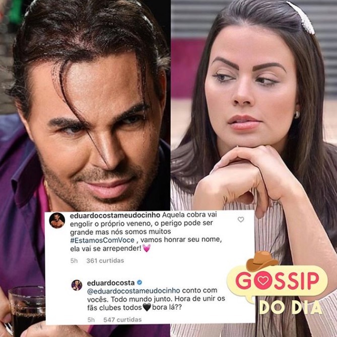 Eduardo Costa faz campanha para eliminação da ex-noiva Victória Villarim