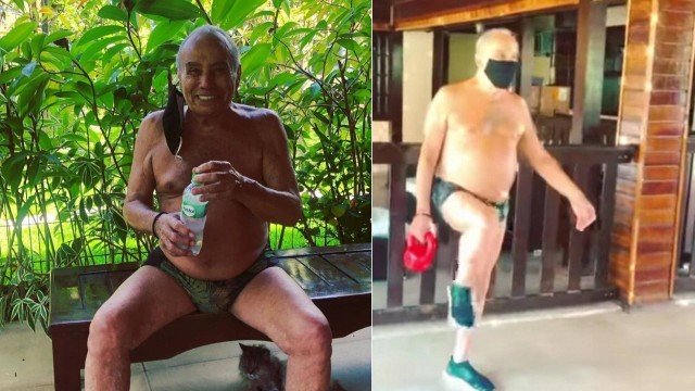Isolado, Stênio Garcia malha em casa de sunga: 'tentando me manter vivo'