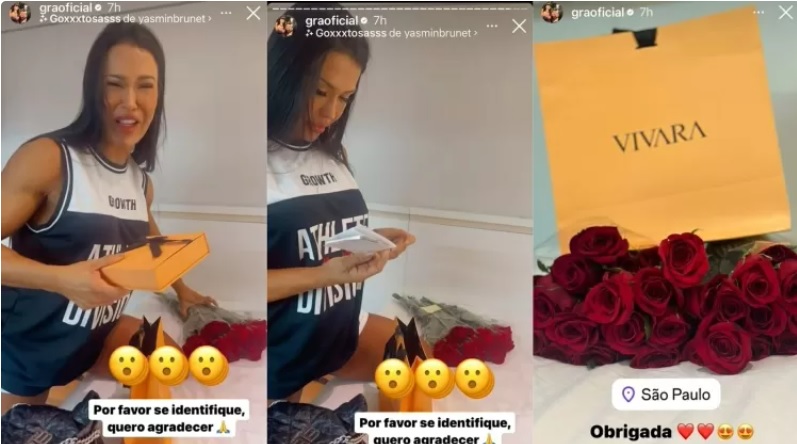 Gracyanne ganha flores e joias de quase R$ 4 mil de admirador secreto