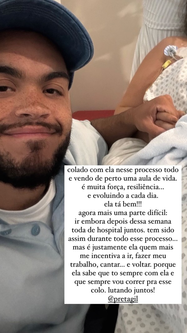 Filho de Preta Gil posta foto com a mãe na UTI e exalta força da cantora