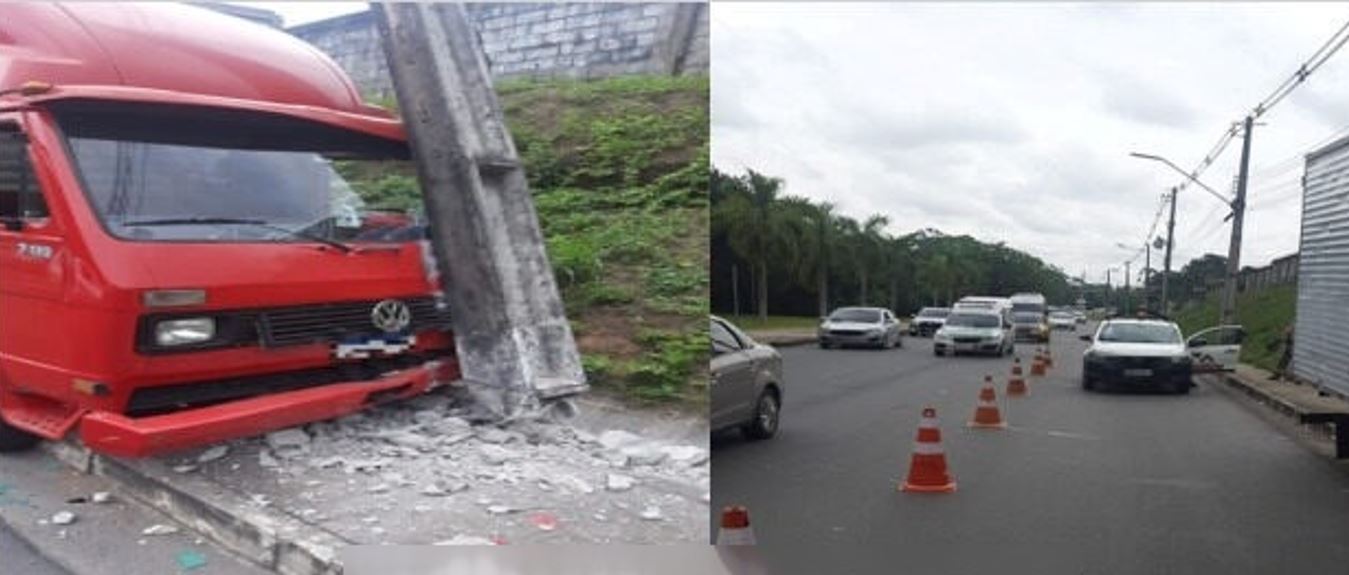 Desgovernado, caminhão arranca poste em avenida de Manaus