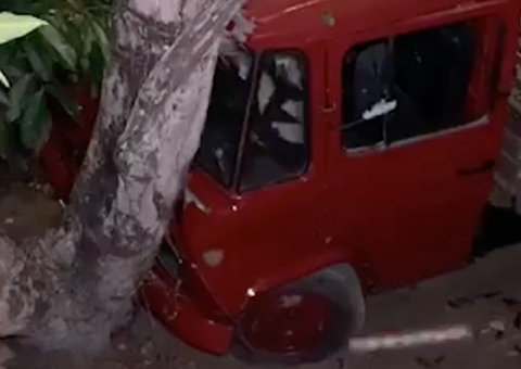 Caminhão desgovernado deixa 2 pessoas feridas ao atingir árvore em Manaus