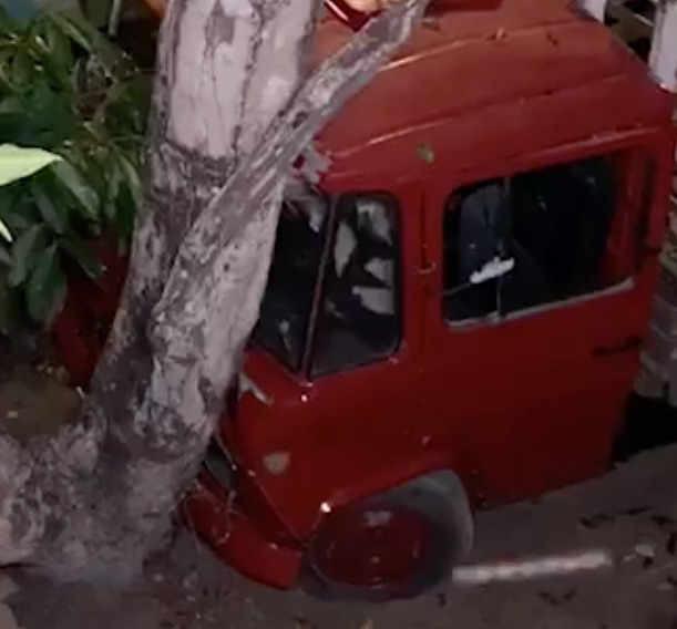 Caminhão desgovernado deixa 2 pessoas feridas ao atingir árvore em Manaus