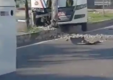 Motorista fica ferido após micro-ônibus bater em poste em avenida de Manaus
