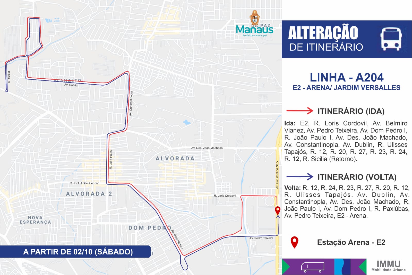Itinerário da linha A204 será alterado a partir deste sábado em Manaus