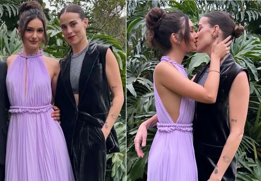 Marina Moschen posa beijando namorada em casamento de Rafaela Mandelli