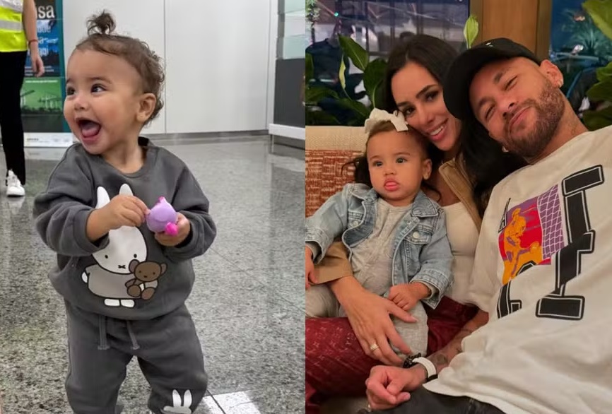 Neymar, Bruna Biancardi e Mavie desembarcam no Brasil para festão da filha