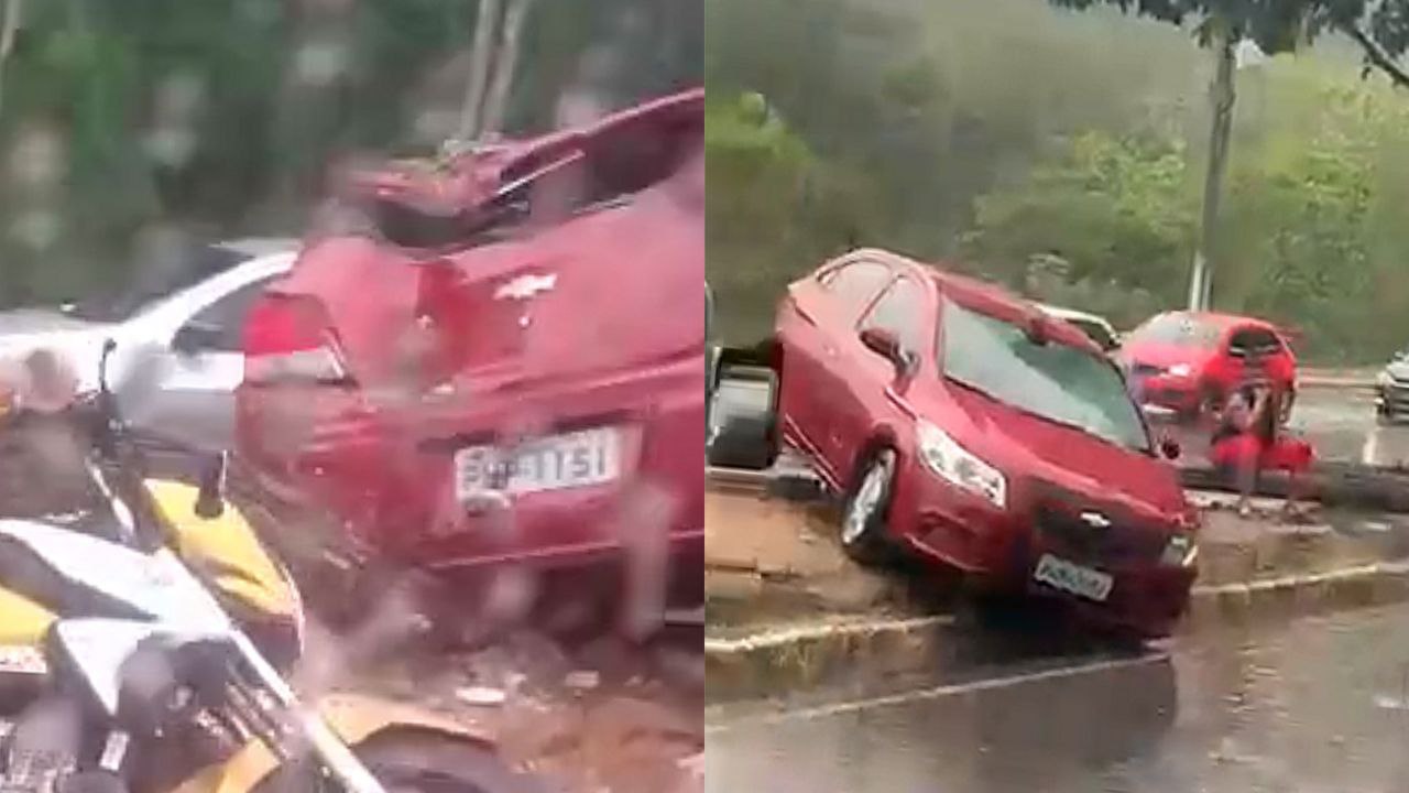 Carro desliza em pista molhada e derruba poste em Manaus; vídeo