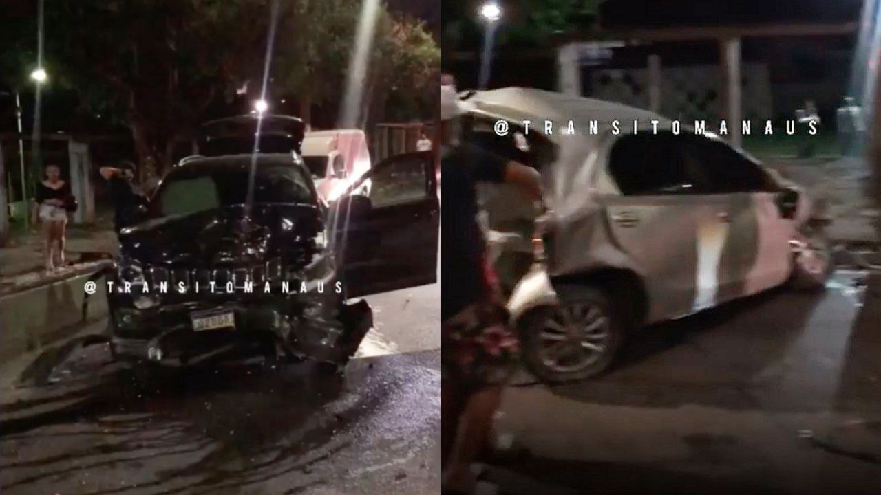 Carros ficam destruídos em acidente em avenida de Manaus; vídeo