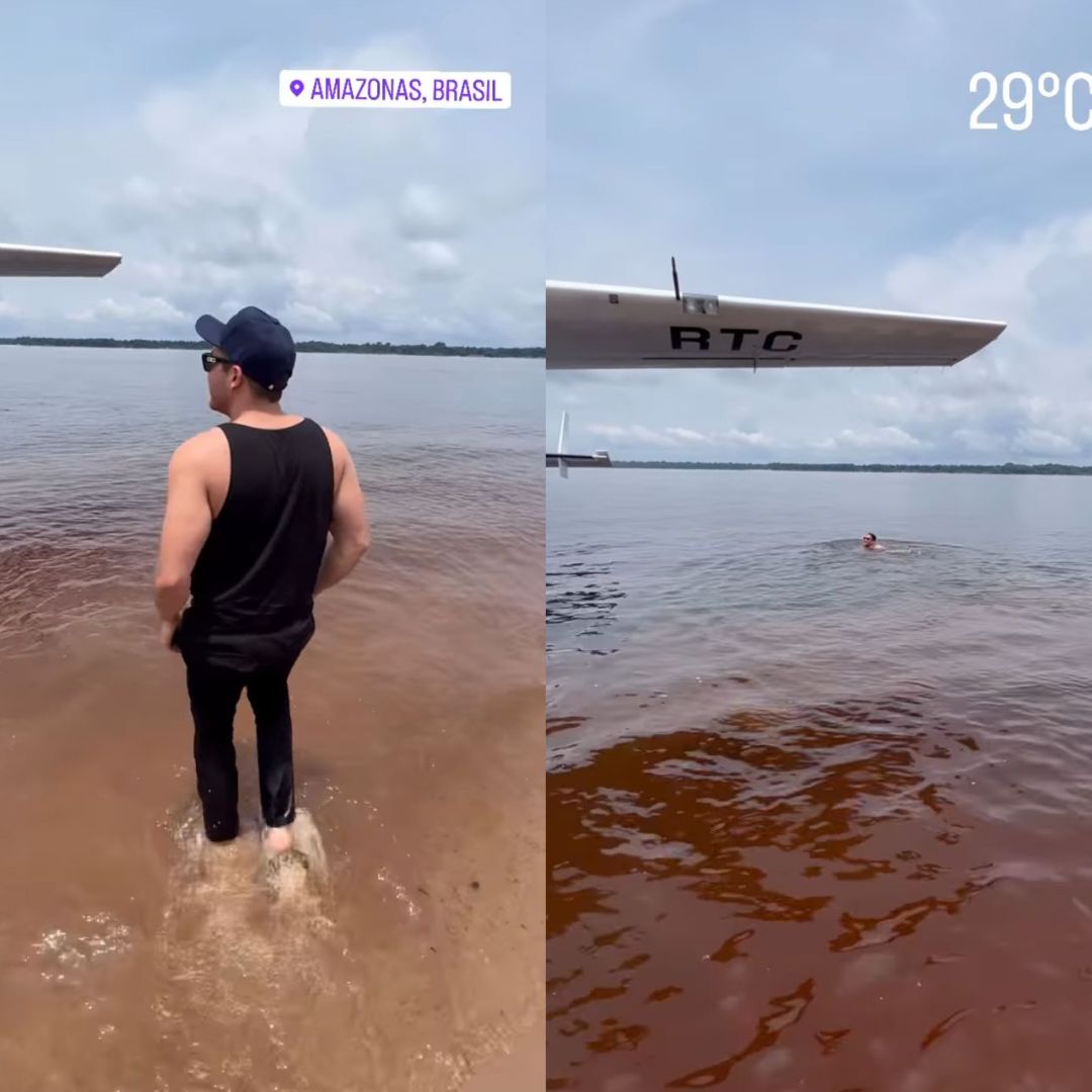 Wesley Safadão desembarca no Amazonas e toma banho de rio antes de show