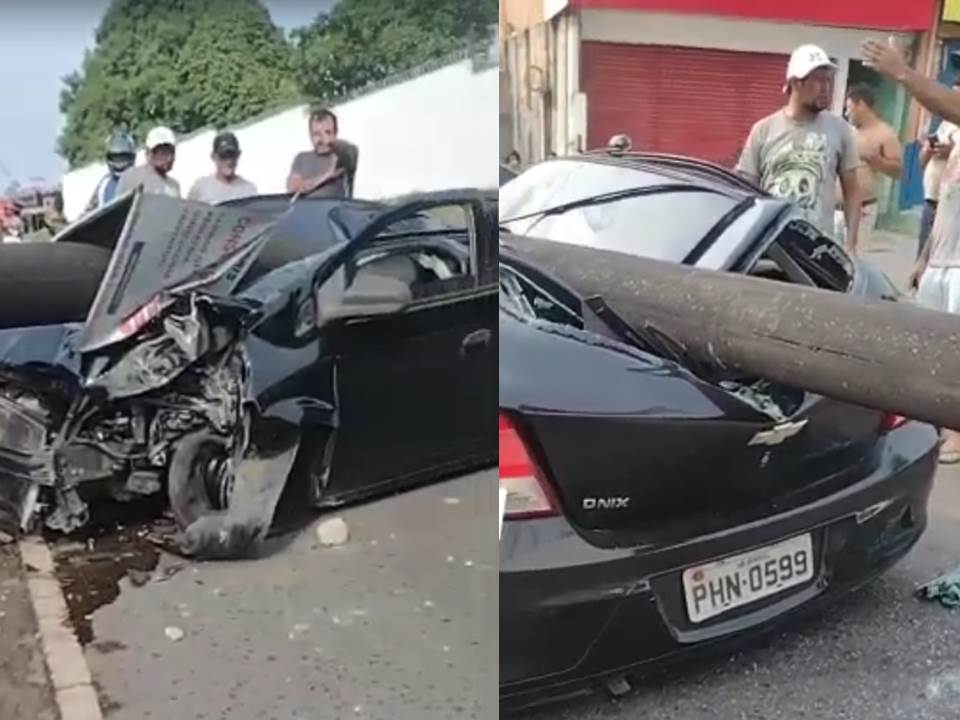 Carro fica esmagado ao derrubar poste em acidente em Manaus