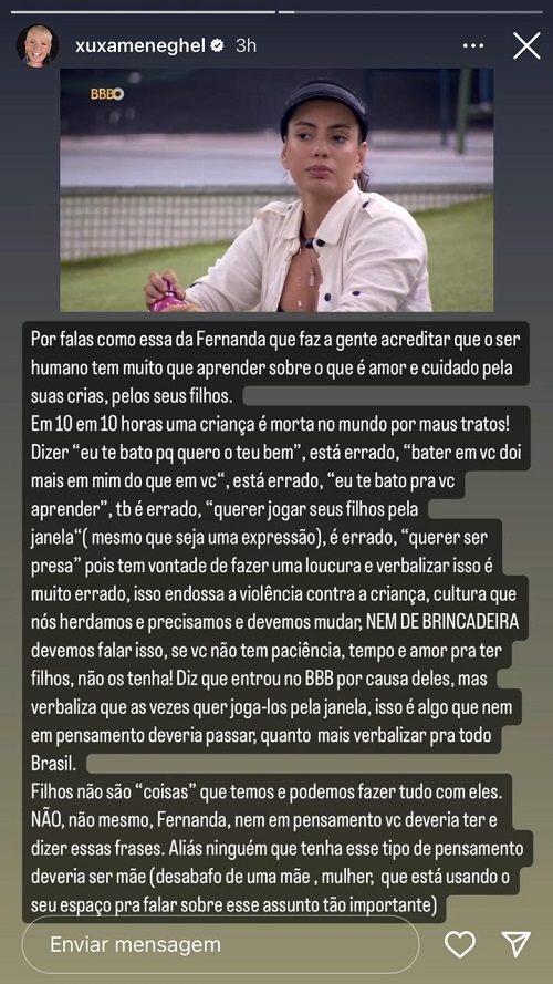Xuxa critica fala de Fernanda sobre filhos: 'Nem em pensamento deveria ter'