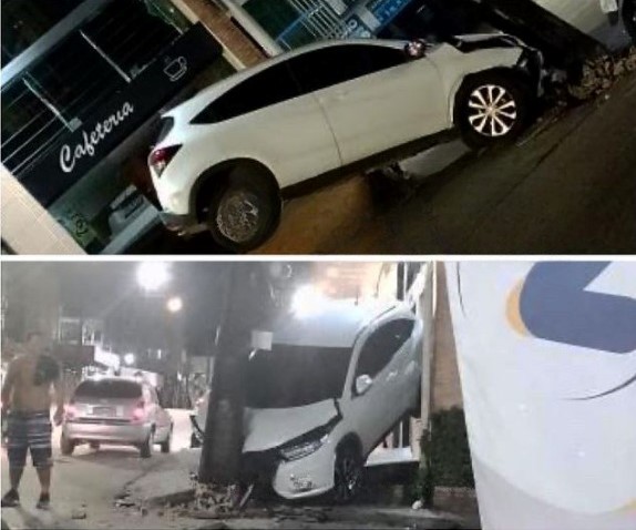 Carro desgovernado 'arranca' poste e fica preso durante acidente em Manaus