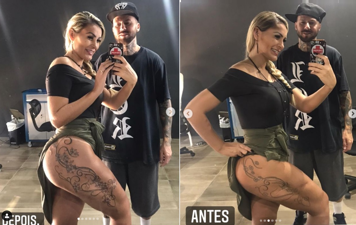 Andressa Urach empina bumbum e mostra resultado de tattoo na coxa