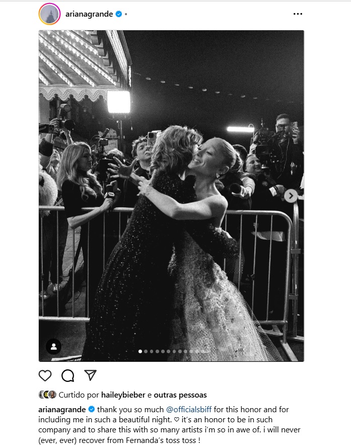 Ariana Grande 'pira' por Fernanda Torres em post no Instagram: 'nunca vou me recuperar'