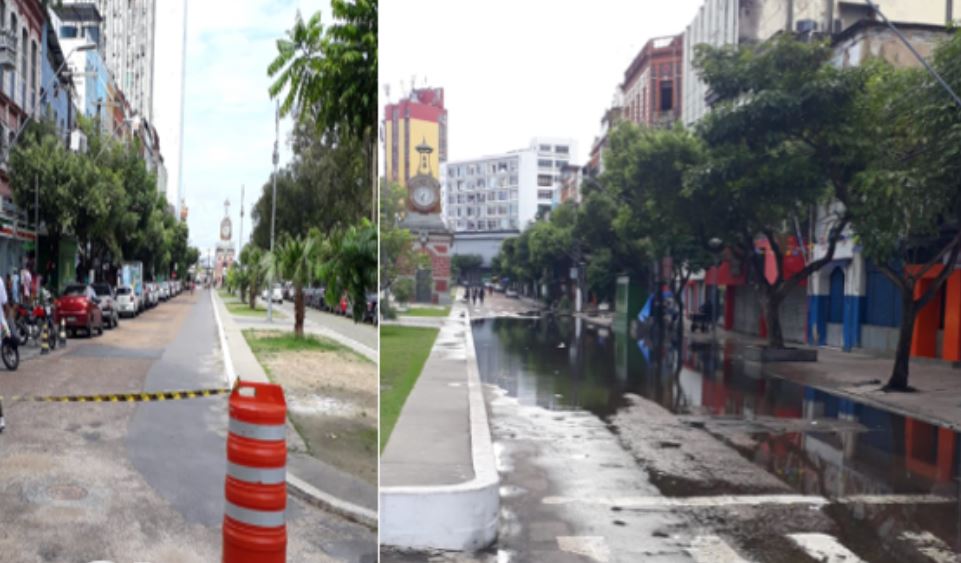 Av. Eduardo Ribeiro é parcialmente interditada com subidas das águas em Manaus