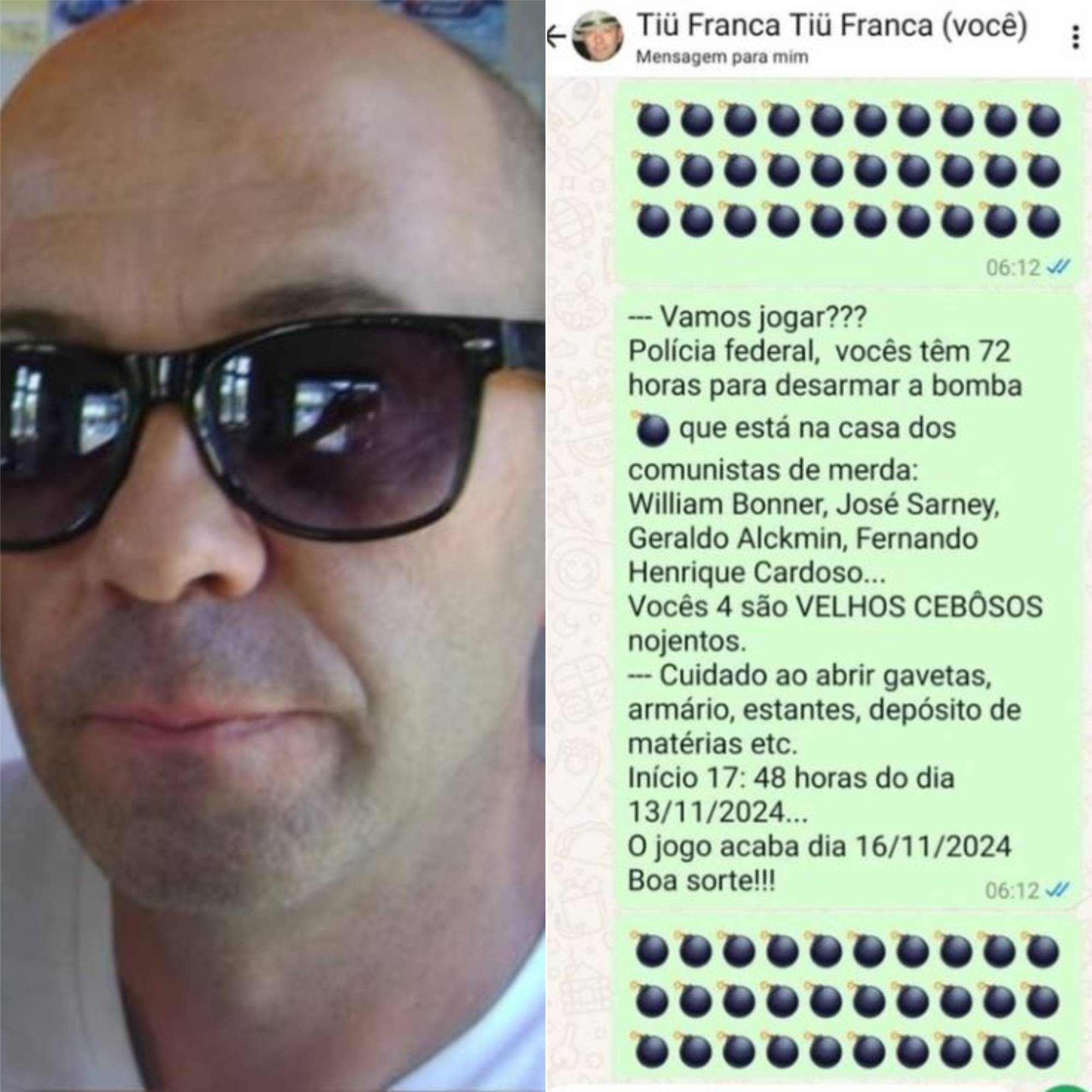 'Tiu França' deixou mensagem para PF com ameaças de novas explosões; veja prints