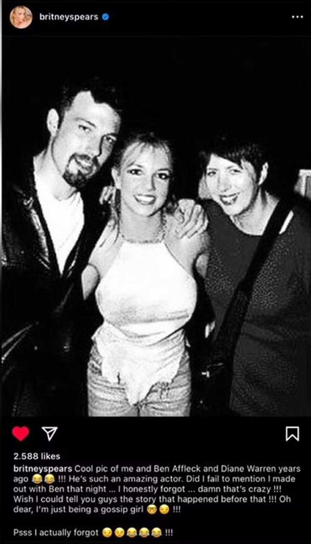 Britney posta que já ficou com Ben Affleck e acaba revelando traição do ator