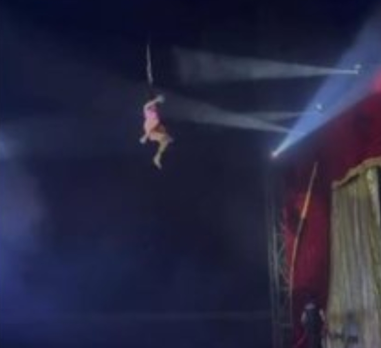 Artista despenca durante acrobacia aérea suspensa pelos cabelos e circo se pronuncia