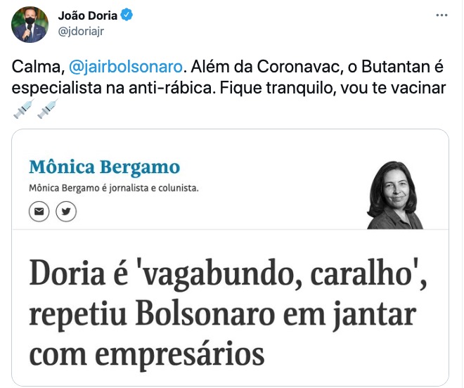 Bolsonaro xinga Doria e governador sugere aplicar antirrábica no presidente