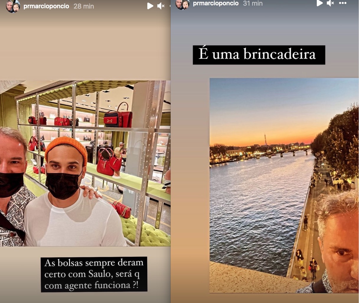 Pai de Saulo Poncio posa com Jonathan Couto e tira sarro de separações: 'bolsa da Gucci'