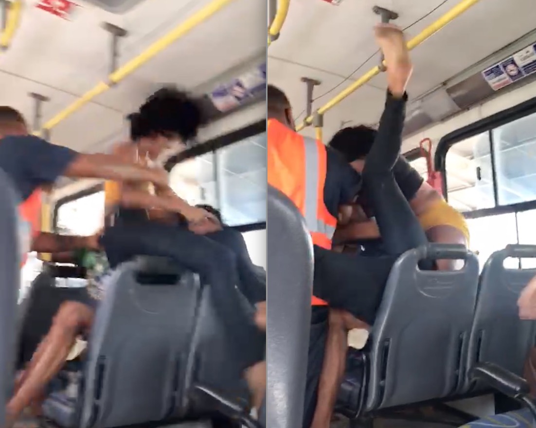 Mulher flagra marido com amante em ônibus e as duas saem na porrada, vídeo
