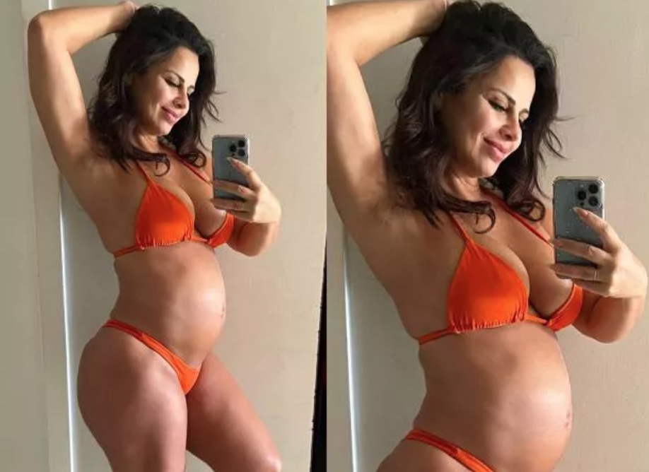 De biquíni, Viviane Araújo mostra crescimento da barriga aos 7 meses de gravidez