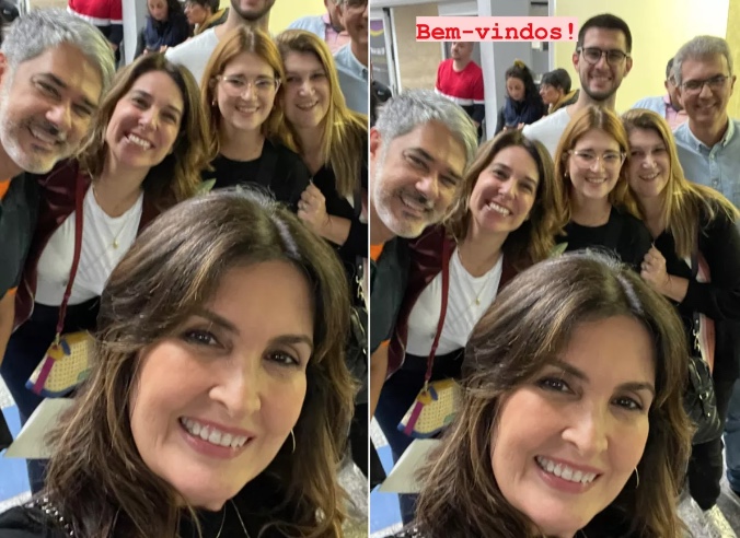 Fátima Bernardes posa ao lado de William Bonner e sua atual esposa, Natasha Dantas