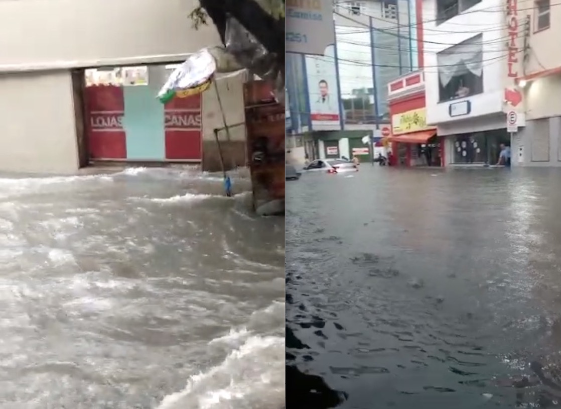 Ruas viram rios e comerciantes do Centro amargam prejuízos com forte chuva em Manaus