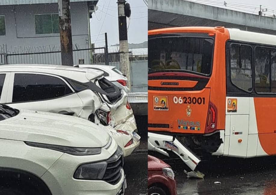 Vídeo: Carro rodopia na pista e fica destruído em acidente com ônibus em Manaus