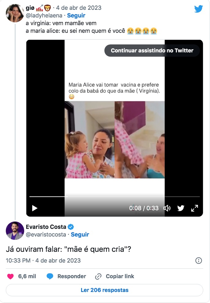 Filha de Virgínia prefere babá à mãe e Evaristo Costa comenta: ‘mãe é quem cria'