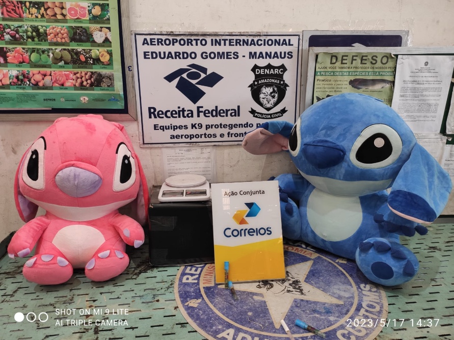 Receita encontra bonecos de pelúcia recheados de cocaína em encomenda nos Correios em Manaus