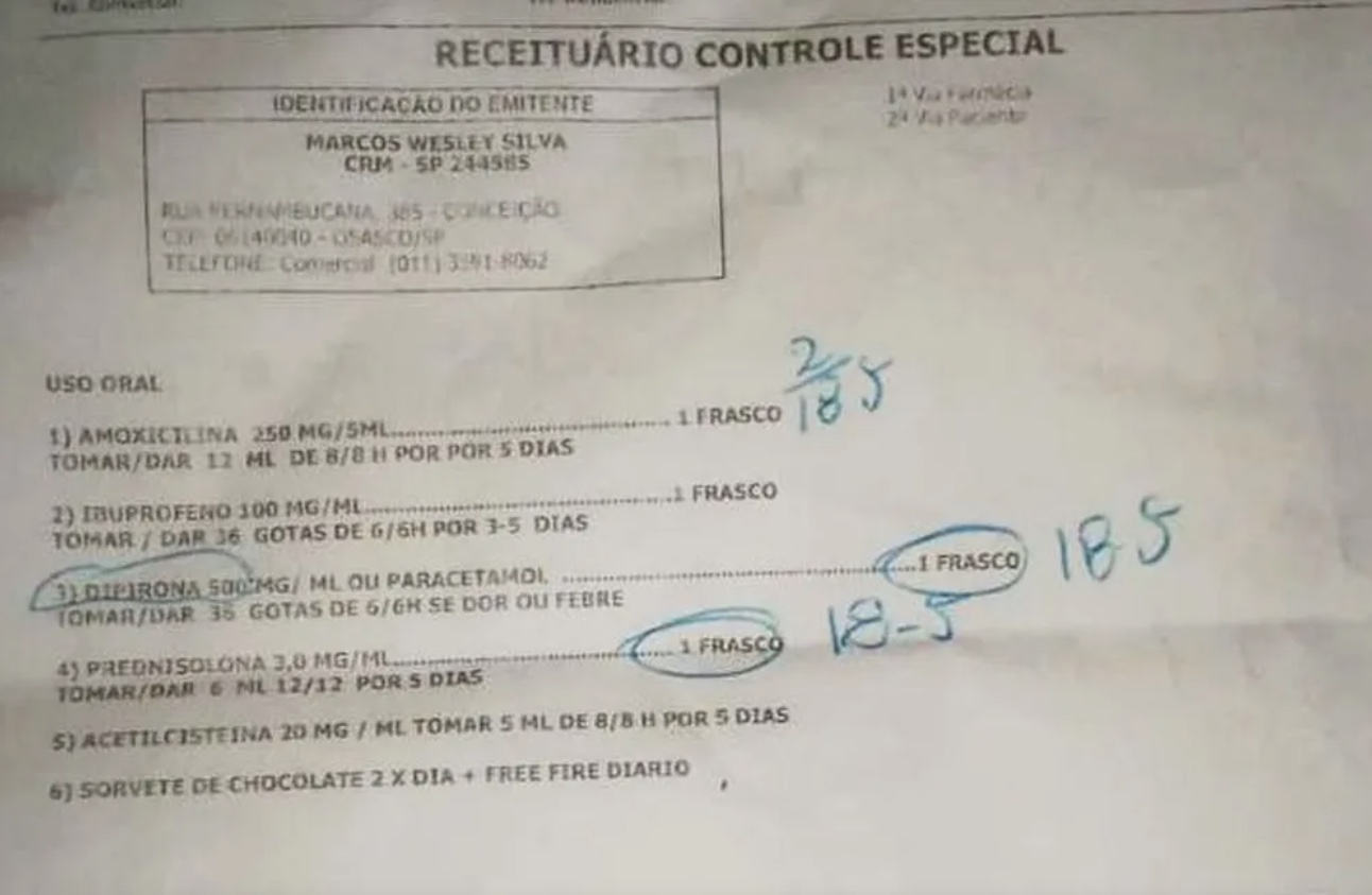Médico receita sorvete e Free Fire para criança doente; mãe denuncia 