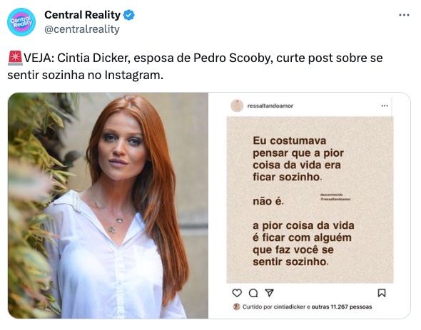 Cíntia Dicker, esposa de Pedro Scooby, curte post sobre se sentir sozinha