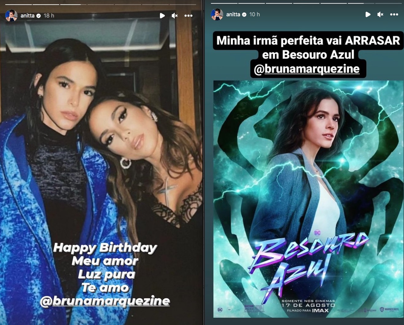 Anitta parabeniza Bruna Marquezine e divulga filme Besouro Azul: ‘irmã’